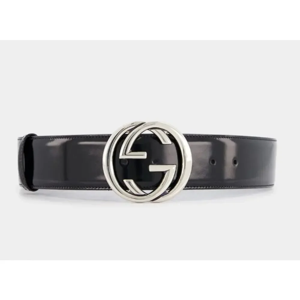 Gucci Marais the GG Interlocking Belt Silver Black 368186 Interlocking GG Leather Belt Size 105/42 main image 4
